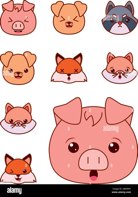Cute Kawaii Cartoons Line And Fill Style Icon Set Design Animals Zoo