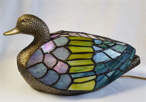 Stained Glass Lamp Tiffany Style Brass Duck Light Up Table Accent Roll