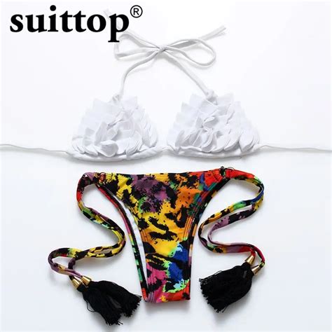Suittop Bikini Women 2017 New Summer Halter White Solid Ruffle Top Sexy