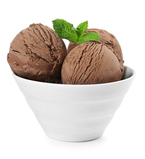 Bowl Of Tasty Chocolate Ice Cream With Mint On White Stock Image