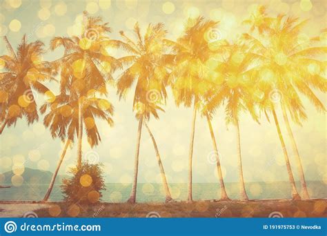 Palm Trees On Tropical Beach With Golden Party Glamour Bokeh Overlay