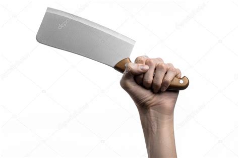Hand Holding A Knife For Meat Cleaver Chef Holding A Knife A Large