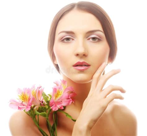 Beautiful Woman With Pink Flowers Stock Image Image Of Female Care