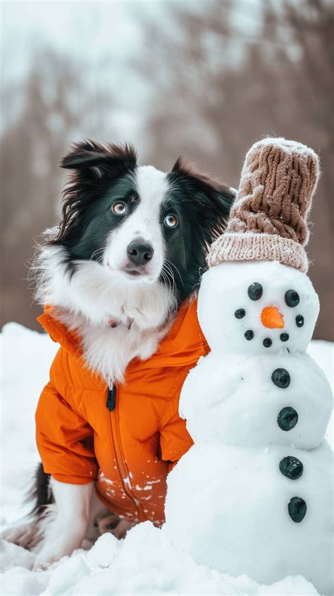 Cute Dog In Snow Border Collie With Snowman Pet Winter Clothing Dog