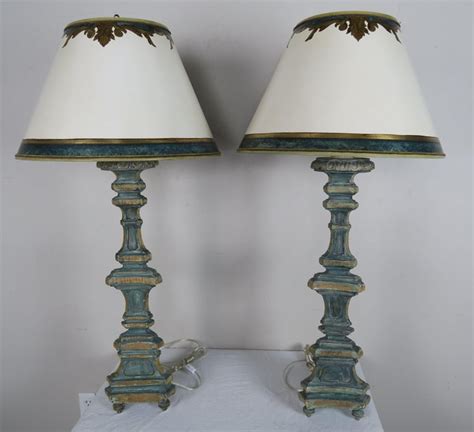 Vintage brushed brass bouillotte desk table candlestick lamp w/metal tole shade. Pair of Italian Painted Candlestick Lamps with Parchment Shades For Sale at 1stdibs