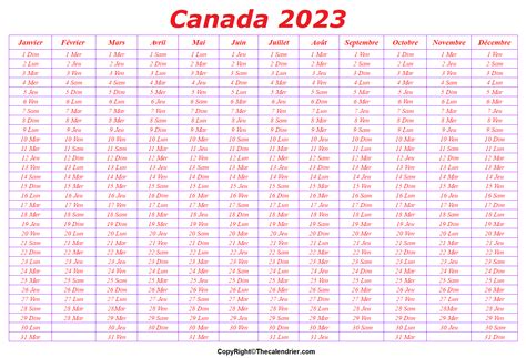 Imprimable Canada 2023 Calendrier Modèle Avec Vacances