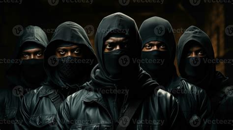 Group of black mafia people gang members wearing balaclava and looking