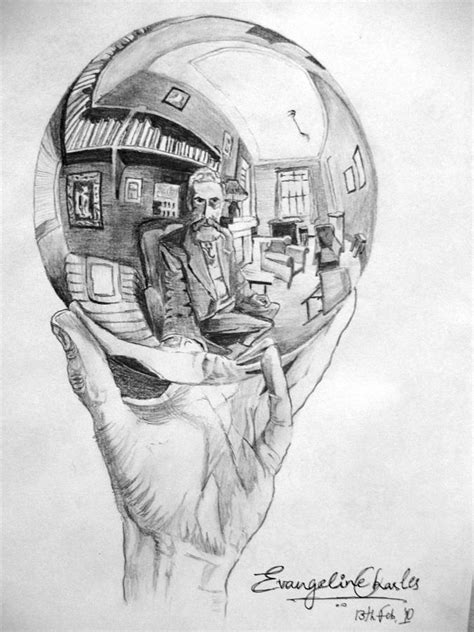 When did escher make hand with reflecting sphere? Escher's Sphere Drawing by Evangeline Charles