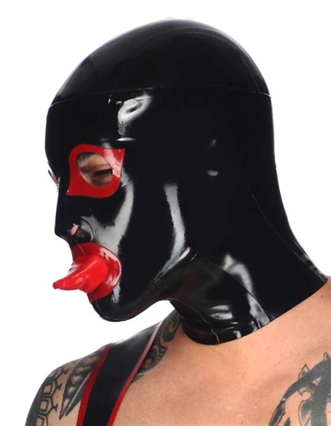 New Arrival Latex Full Face Hood With Tongue Sheath Sexy Rubber Fetish Mask On
