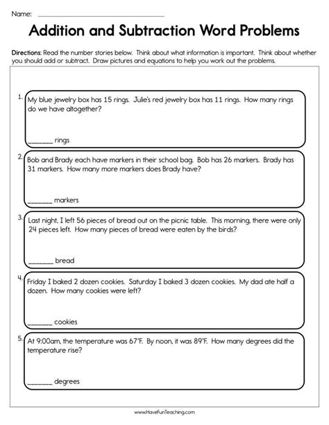 Addition And Subtraction Word Problems Worksheet Have Fun Teaching
