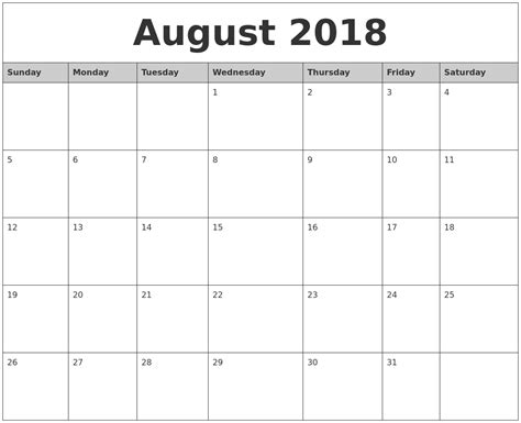 August 2018 Monthly Calendar Printable