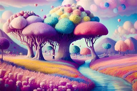 Illustration Of Abstract Fantasy Landscape With Trees And Clouds Stock