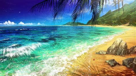 Download Wallpaper 2560x1440 Beach Palm Ocean Art Surf Widescreen