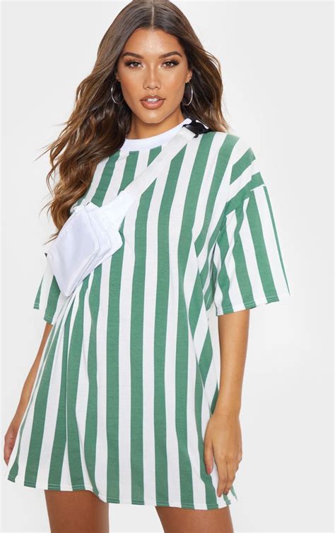 Khaki Vertical Stripe Oversized Boyfriend T Shirt Dress