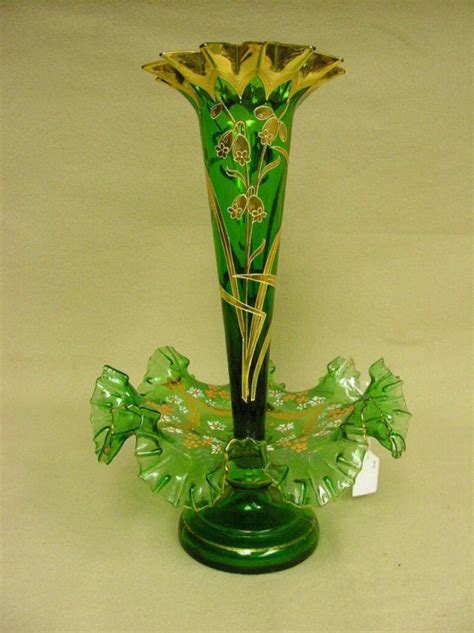 Green Enameled Epergne Heavy Enameled Flowers With Gold Decoration Size 15 With 9 1 2 Diameter