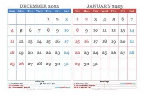 Free December 2022 January 2023 Calendar Printable Pdf