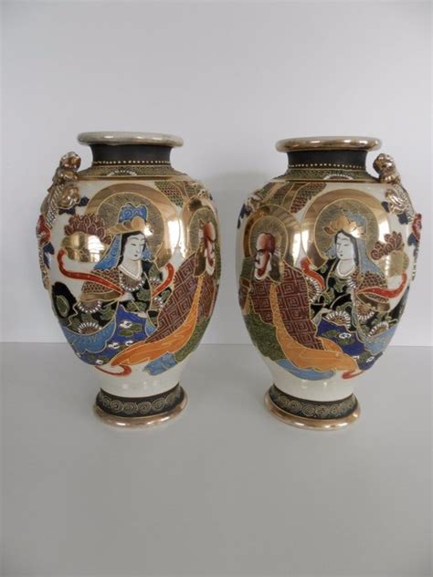 Pair Of Rare Large Matching Moriage Satsuma Vases Marked Kinkozan