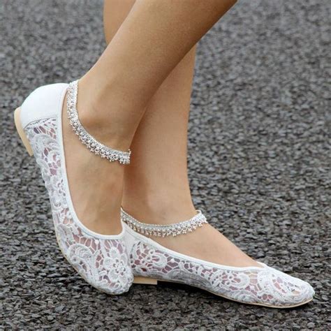 Love The Anklets Ladies Wedding Ballet Flat Shoes With Ivory Lace
