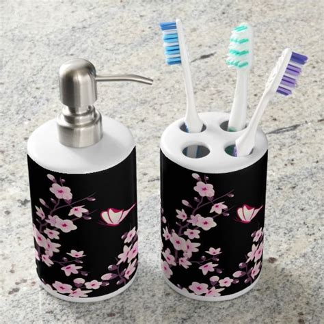 Follow the vibe and change your wallpaper every day! Floral Cherry Blossoms Black Pink Bathroom Set | Zazzle ...