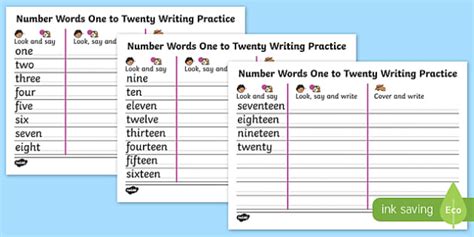 No one is born a writer; Number Words One to Twenty Writing Practice Sheets - write