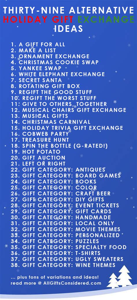 These creative christmas gift exchange ideas can help make the holiday season a little more memorable—and easier (plus more affordable) for all involved. Tired of drawing names for the family gift exchange? Try ...