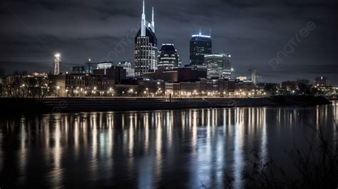 Downtown Nashville City Skyline On The River At Night Background Tn