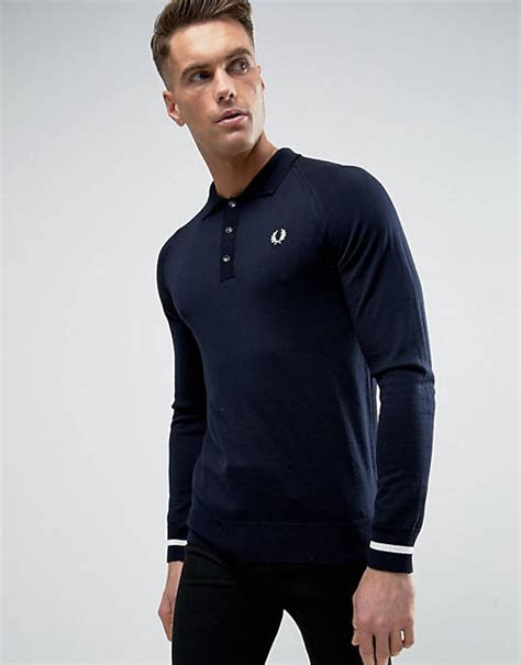 Fred Perry Reissues Knit Polo Long Sleeve Tipped Cuff In Navywhite Asos