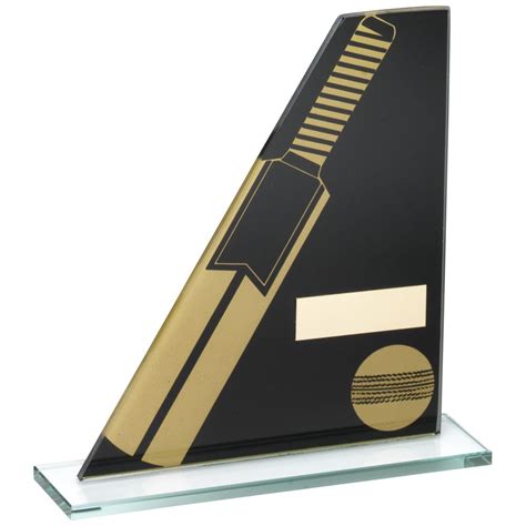 Black Gold Printed Glass Plaque With Cricket Bat Ball Trophy 725in