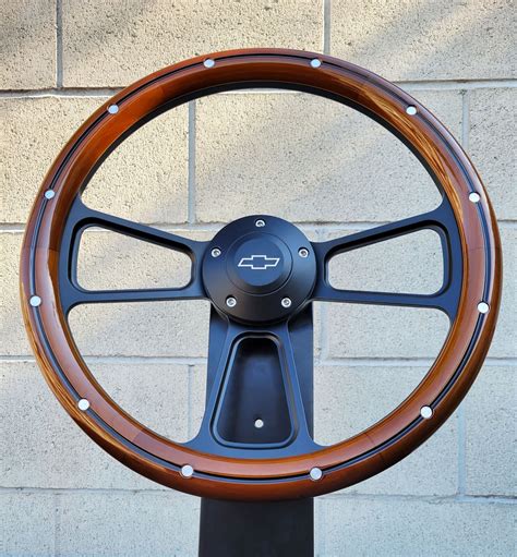 14" Black Billet Steering Wheel Real Wood Mahogany Aluminum Rivets
