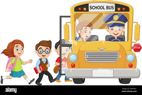 Cartoon Happy Children Boarding A School Bus Stock Vector Image And Art