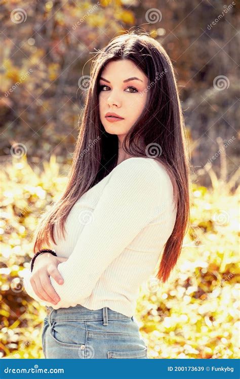 Autumn Portrait Of Attractive Brunette Stock Image Image Of Caucasian Cute 200173639
