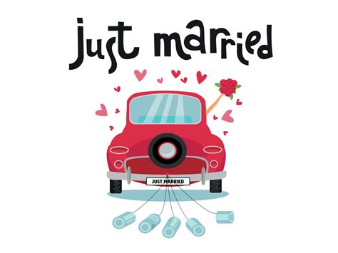 Newlywed Couple Is Driving A Vintage Convertible Car For Their Honeymoon With Just Married Sign