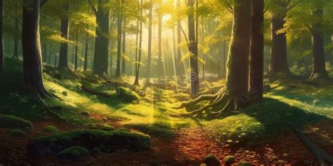Radiant Sunlight In A Stunning Anime Style Forest Panorama Perfect For