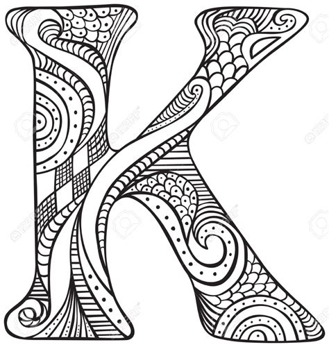 Hand Drawn Capital Letter K In Black Coloring Sheet For Adults