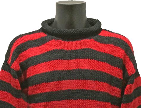 Quality Handmade Unisex Black Red Stripe Quality Knitted Pullover