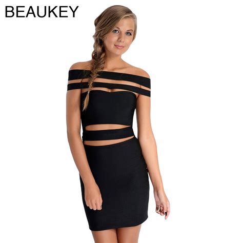 Black Cut Out Off Shoulder Slash Neck Elastic Knitted Rayon Sexy Women Dresses New Fashion