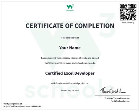W3schools Excel Certificate