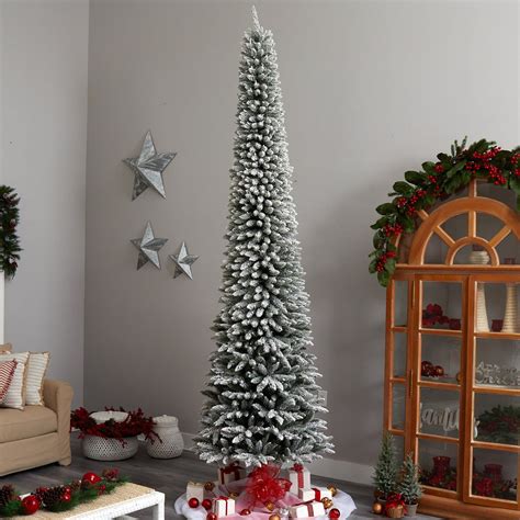 11 Flocked Pencil Artificial Christmas Tree With 850 Clear Lights And