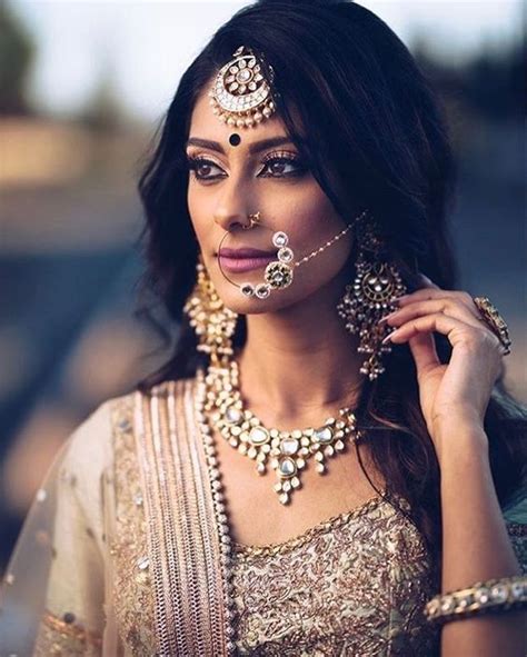 Kundan And Antique Gold Nose Ring Set With Matching Maang Tikka Necklace And Earrings Bride