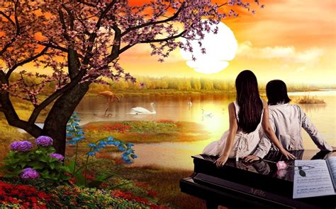 Romantic Love Love Couple Nature Swan Lake Sunset Spring Flowers Bloomed Tree Love Couple ...