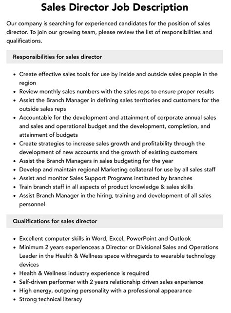 Sales Director Job Description Velvet Jobs