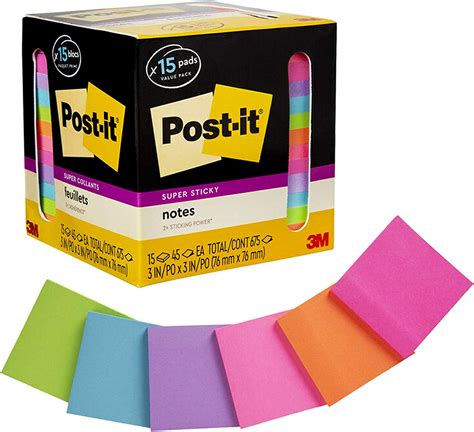 Post It Super Sticky Notes Assorted Bright Colors 3x3 In