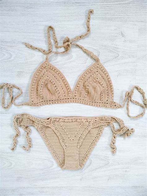 Beige Crochet Bikini Set Knitted Swimsuit Nude Swimwear Womens Etsy