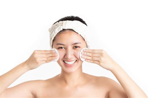 Attractive Beautiful Natural Woman Cleaning Makeup From Her Face With Cotton Pad Smile And