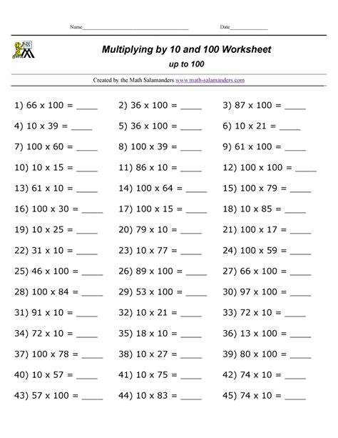 Multiply By 100 Worksheet