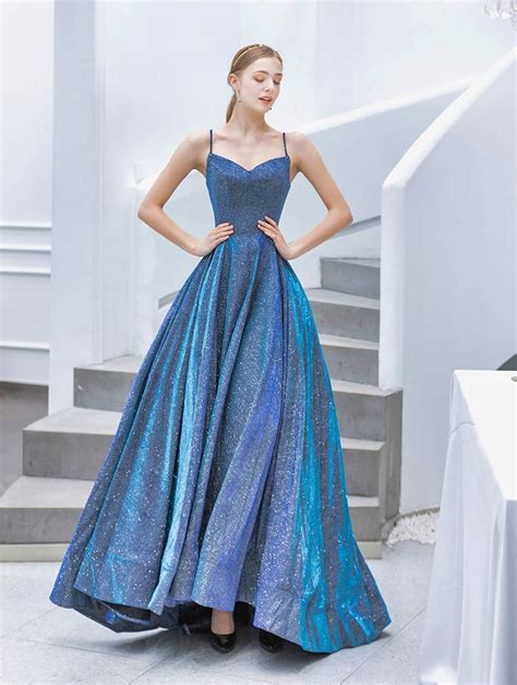 Sparkly Ocean Blue Evening Dresses 2019 A Line Princess Spaghetti Straps Sequins Sleeveless