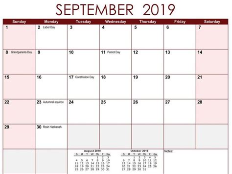 Printable September 2019 Calendar Holiday Calendar Constitution Day