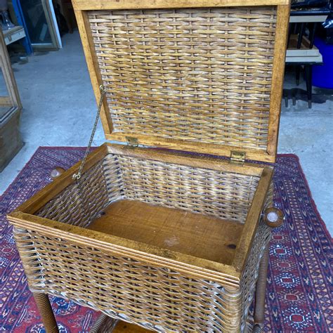 Antique Victorian Wicker Sewing Stand Basket Table By Heywood Wakefield