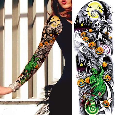 9 sheets alisa halloween costume full arm temporary tattoo sleeve for men women day of dead