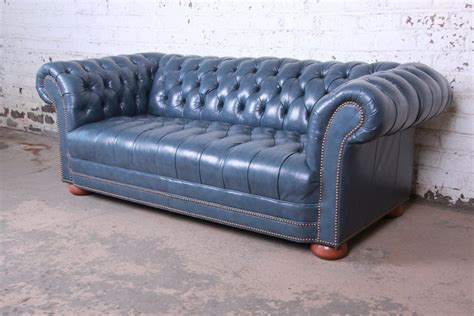 Vintage Tufted Blue Leather Chesterfield Sofa At 1stdibs
